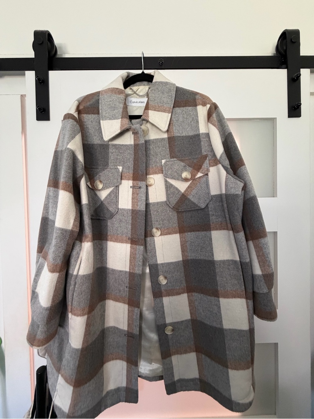 Calvin Klein Kids Plaid Wool-Blend Pea Coat in Gray, Cream & Brown